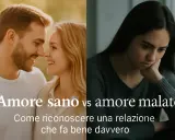 Coppia felice contrapposta a donna triste, per illustrare la differenza tra amore sano e un amore malato.