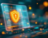 Schermo digitale con scudo arancione e punto esclamativo. Sicurezza informatica, un po' come chiedersi "Omegle cos'è" per capire i rischi online.