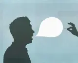 Silhouette di un uomo che parla, con una mano che tiene un ago vicino a una nuvoletta vuota. Come rispondere ad un ti voglio?