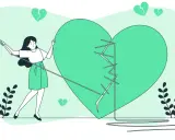 Una donna cuce un cuore spezzato, metafora di un amore ferito, forse da una persona narcisista che non si cura delle conseguenze.