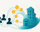Persone che investono in immobili in Italia, con monete che fluiscono verso edifici stilizzati.