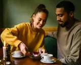Coppia sorridente condivide un dolce, tra caffè e candela. Un momento intimo perfetto per porre domande da fare per conoscersi.