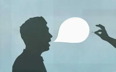Silhouette di un uomo che parla, con una mano che tiene un ago vicino a una nuvoletta vuota. Come rispondere ad un ti voglio?