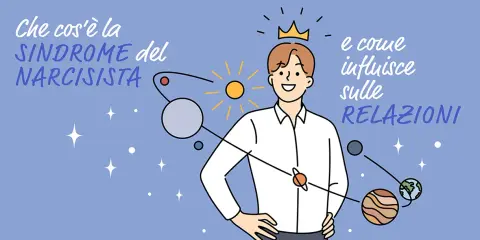 Il punto debole del narcisista: un uomo con una corona, circondato da pianeti, simboleggia come la sindrome influenzi le relazioni.