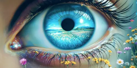 Un occhio azzurro riflette un paesaggio fiorito, un prato vibrante sotto un sole radioso. Davvero gli occhi sono lo specchio dell'anima, pieni di meraviglia.