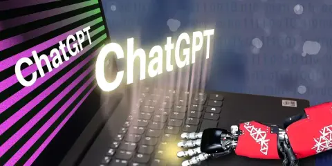 Un braccio robotico interagisce con un laptop, mostrando il logo ChatGPT. Un'immagine che evoca il futuro del chat random Italia.