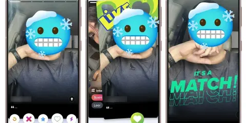 Schermate di Tinder: un utente con emoji di ghiaccio, un altro con "LIVE" e un terzo con "IT'S A MATCH!". Chissà quanto dura un match su Tinder?