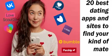 Ragazza con smartphone circondata da loghi di app di incontri, tra cui Love Scout24, per trovare il tuo tipo di amico.