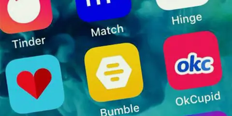 Schermata con icone di app di incontri come Tinder, Bumble, OkCupid, Hinge, Zoosk e Match. Molte di queste sono usate per siti chat sesso.