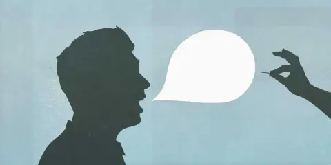Silhouette di un uomo che parla, con una mano che tiene un ago vicino a una nuvoletta vuota. Come rispondere ad un ti voglio?