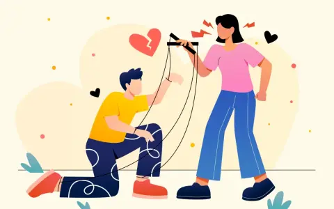 Una donna con la mania del controllo muove un uomo come un burattino, con un cuore spezzato sullo sfondo.
