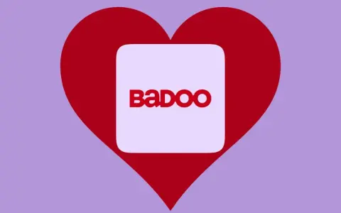 Cuore rosso con logo Badoo al centro. Trova l'amore, badoo è gratis!