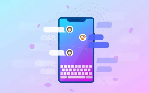 Smartphone con icone di chat e un robot. La prima chat tra utente e bot.