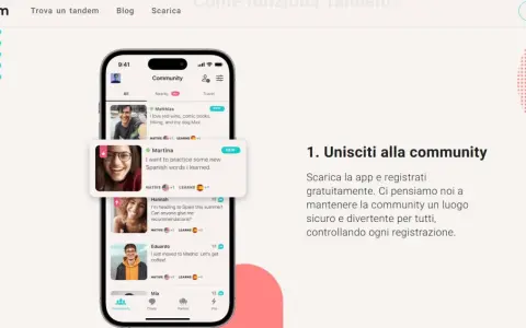 Schermata di Tandem che mostra la community per trovare un **chat tandom**. Utenti cercano partner linguistici per imparare e praticare.