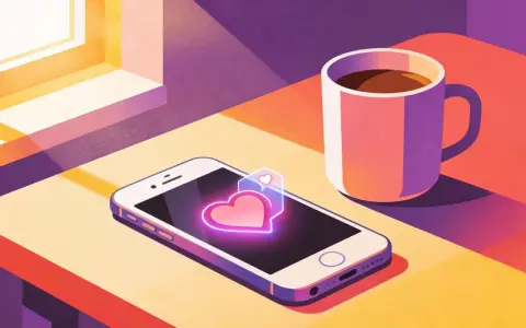 Smartphone con cuore luminoso e tazza di caffè, perfetto per decidere cosa scrivere dopo il primo appuntamento.