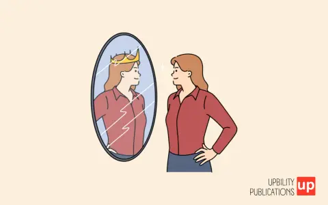 Donna con corona riflessa nello specchio, un'immagine di un narcisista overt che ammira la propria grandezza.
