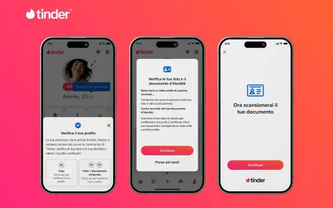 Schermate di Tinder che mostrano il processo di verifica del profilo. Chi usa Tinder può verificare foto e documenti per un profilo più sicuro.