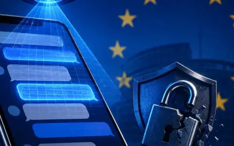 Smartphone con messaggi, lucchetto rotto e bandiera UE. Sicurezza digitale e chatrandom gratis.