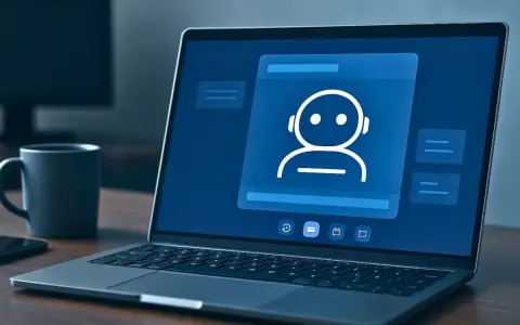 Un laptop mostra un'interfaccia di be2 chat con un'icona di robot. Accanto, una tazza e uno smartphone.