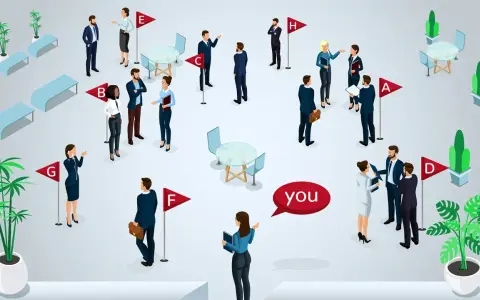 Persone in un evento di networking, con una nuvoletta "you" che indica il punto di vista. Come si risponde a piacere di conoscerti?