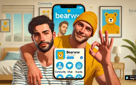 Due uomini sorridono, uno con un braccio sull'altro. In primo piano, uno smartphone mostra l'app "Bearww", con icone per Community, Chat e Events. Perfetto per il digy chat gay.