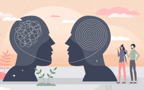Due profili stilizzati si fronteggiano, uno con pensieri aggrovigliati, l'altro con una spirale. Una coppia osserva, simboleggiando l'attrazione mentale.