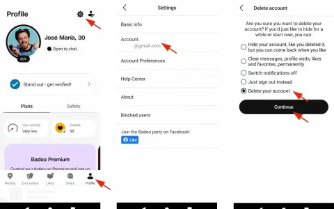 Schermate di Badoo che mostrano come eliminare il tuo profilo.