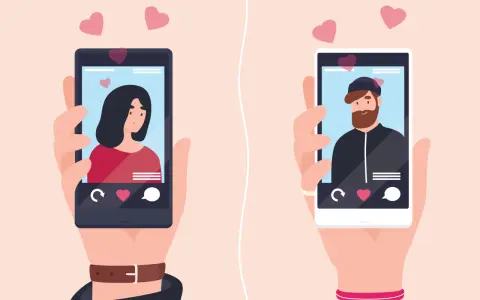 Due mani tengono smartphone con profili di un uomo e una donna, cuori rosa fluttuano. Un adulto amico cerca l'amore online.