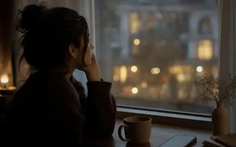 Una donna pensierosa guarda fuori dalla finestra, forse riflettendo sui segnali che una persona ti pensa intensamente. Una tazza e un telefono sono vicini.