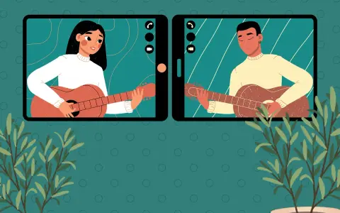 Ragazza e ragazzo su Bazoocam suonano la chitarra in videochiamata, uniti dalla musica.