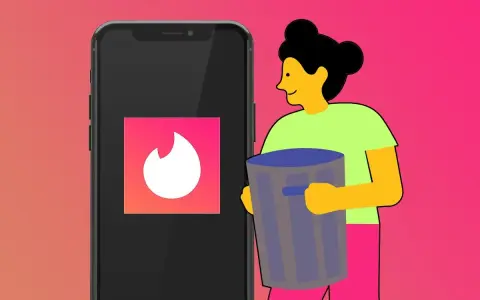 Illustration of a person holding a trash can next to a smartphone displaying the Tinder logo.