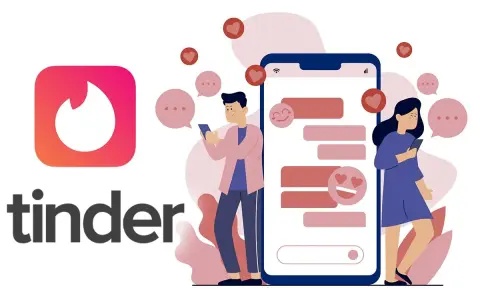 Un ragazzo e una ragazza chattano su Tinder, con cuori e fumetti che fluttuano.