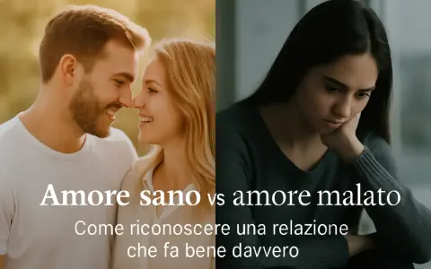 Coppia felice contrapposta a donna triste, per illustrare la differenza tra amore sano e un amore malato.