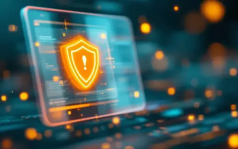 Schermo digitale con scudo arancione e punto esclamativo. Sicurezza informatica, un po' come chiedersi "Omegle cos'è" per capire i rischi online.