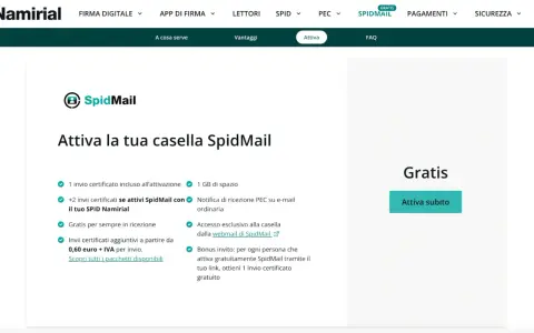 Attivazione gratuita SpidMail Namirial: 1 invio certificato, 1 GB spazio, notifiche PEC. Ottieni bonus invitando amici, come in un Virgilio chat.