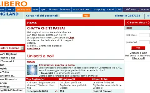 Pagina di Digiland: "Chatta che ti passa!" per conoscere amici, con stanze tematiche e regionali. Login e iscrizione disponibili.