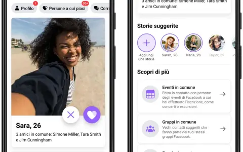 Interfaccia di fb dating con profilo di Sara, 26 anni, e suggerimenti per incontrare persone.