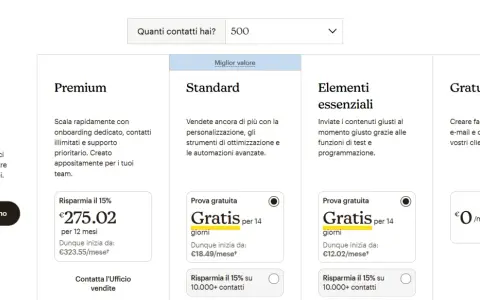 Confronto piani: quanto costa Meetic? Offerte Premium, Standard, Elementi Essenziali e Gratuito.