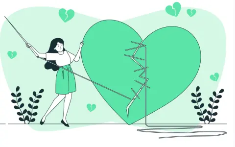 Una donna cuce un cuore spezzato, metafora di un amore ferito, forse da una persona narcisista che non si cura delle conseguenze.