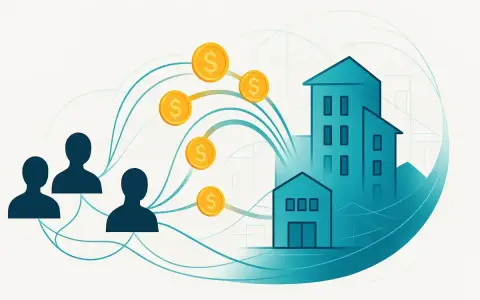 Persone che investono in immobili in Italia, con monete che fluiscono verso edifici stilizzati.