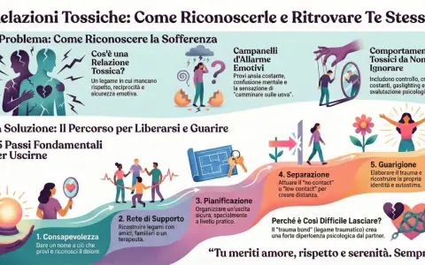 Illustrazione che mostra i 5 passi per uscire da una relazione tossica, dalla consapevolezza alla guarigione, evidenziando i segnali e i comportamenti da non ignorare.