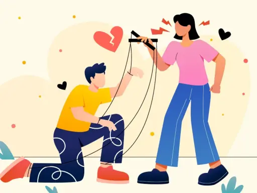 Una donna con la mania del controllo muove un uomo come un burattino, con un cuore spezzato sullo sfondo.