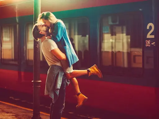 Un uomo solleva una donna in un bacio appassionato alla stazione. L'infatuazione significato è evidente nel loro abbraccio.