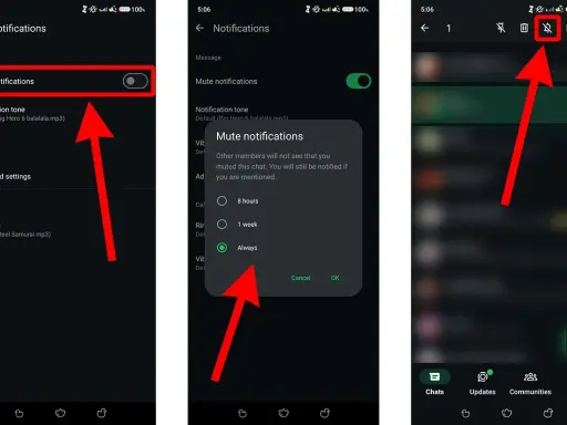 Schermata di un'app di messaggistica che mostra come silenziare le notifiche di un messaggio. Se non so cosa rispondere, posso silenziare la chat.