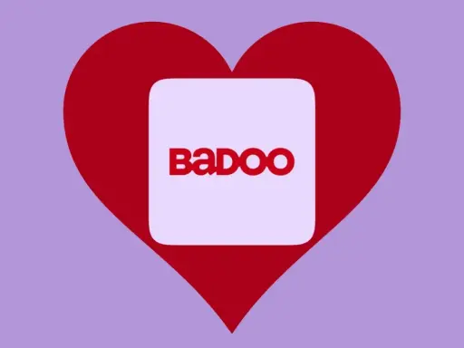 Cuore rosso con logo Badoo al centro. Trova l'amore, badoo è gratis!