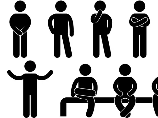 Figure stilizzate mostrano diverse posture, alcune suggeriscono il linguaggio del corpo attrazione, altre riflessione o chiusura.