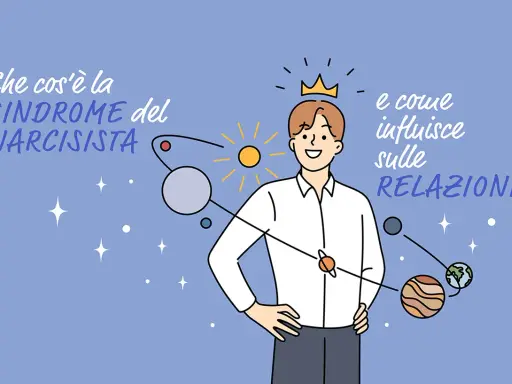 Il punto debole del narcisista: un uomo con una corona, circondato da pianeti, simboleggia come la sindrome influenzi le relazioni.