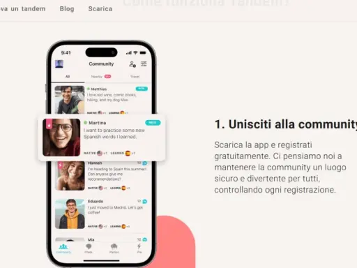 Schermata di Tandem che mostra la community per trovare un **chat tandom**. Utenti cercano partner linguistici per imparare e praticare.