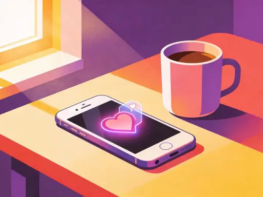 Smartphone con cuore luminoso e tazza di caffè, perfetto per decidere cosa scrivere dopo il primo appuntamento.