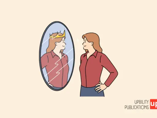 Donna con corona riflessa nello specchio, un'immagine di un narcisista overt che ammira la propria grandezza.